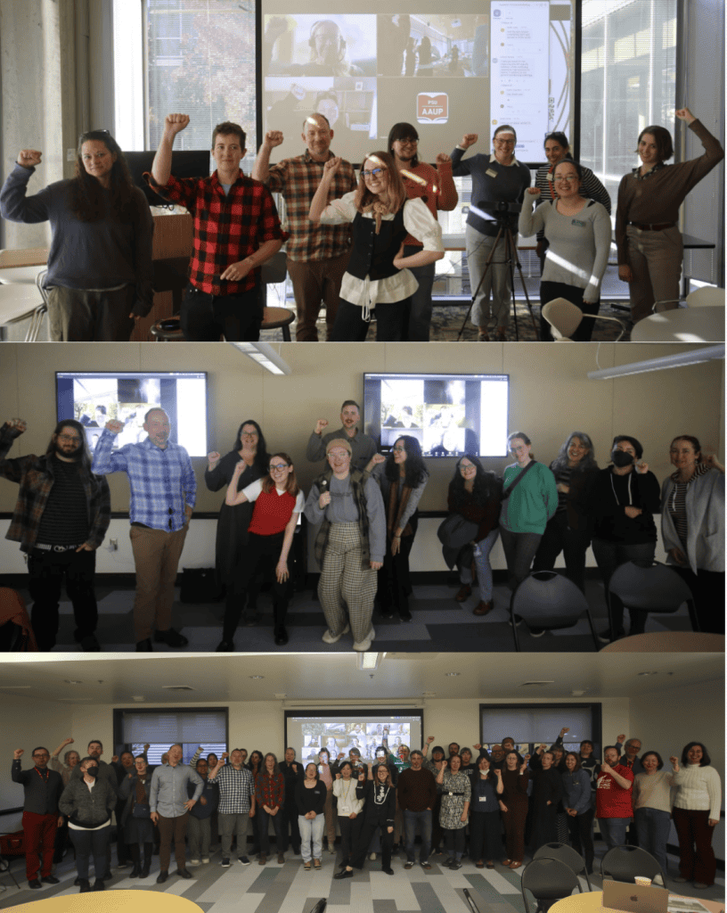 3 photos of groups of people