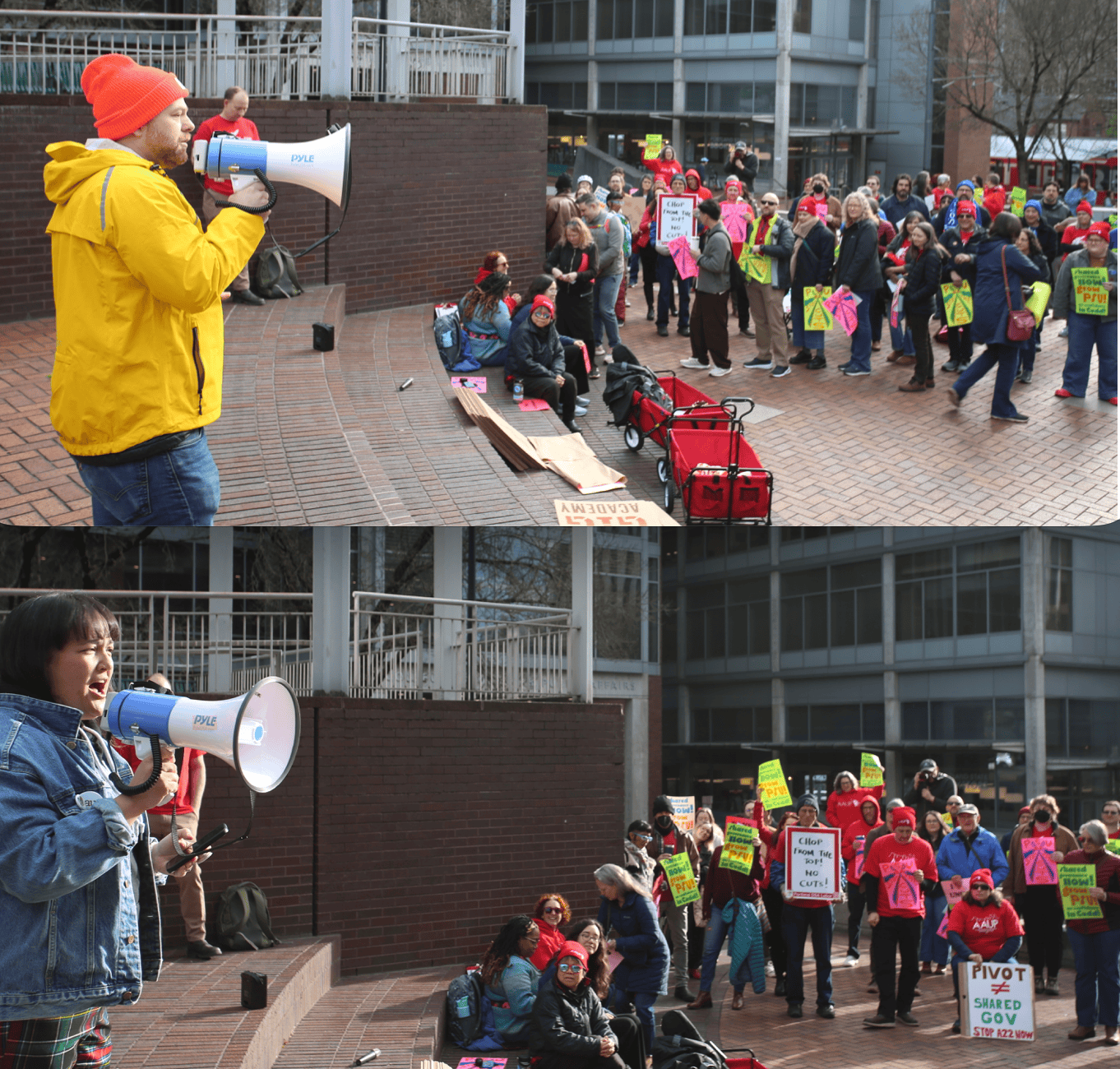 Pictures of speakers talking through bullhorn to group of people